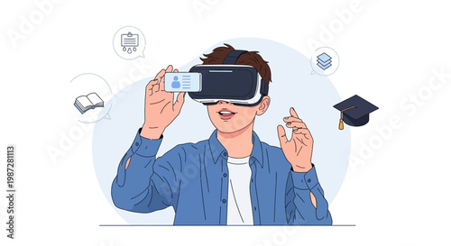 Student using VR headset for virtual learning, with educational icons around