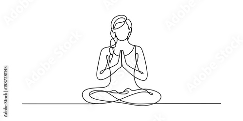 A single continuous line drawing of a woman sitting in a meditative yoga pose with folded hands Vector, illustration