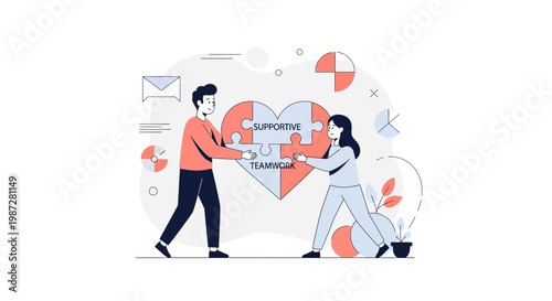 Supportive Teamwork: Couple Completing Heart Puzzle, Symbolizing Unity and Collaboration
