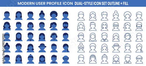 Modern user profile icon set with outline and fill styles icon set