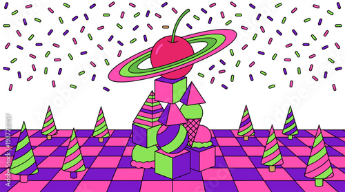 Galactic Ice Cream Mountain with Saturn Cherry and Waffle Trees Pop Surrealism Flat Illustration with Bold Outlines