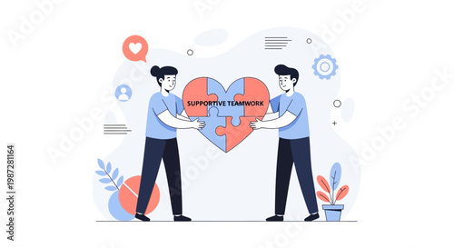 Supportive Teamwork: Two People Assemble Heart Puzzle with Text