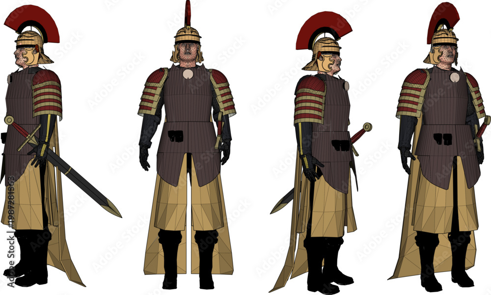 Obraz premium Ancient Chinese Warrior Character Design Featuring Traditional Armored Uniform and Golden Helmets for Historical Game Asset Visuals 
