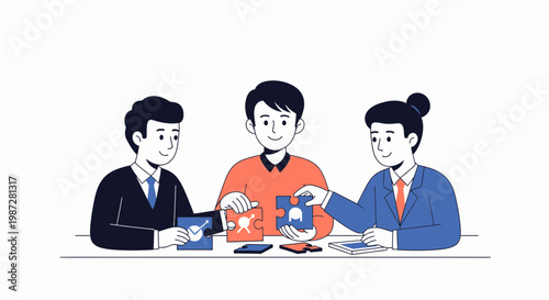 Teamwork and Collaboration: Business People Assembling Puzzle Pieces