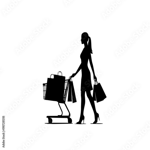 Woman shopping with bags and cart silhouette fashion retail lifestyle black and white illustration