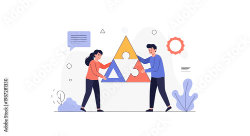 Teamwork and collaboration: people assembling a puzzle of triangles