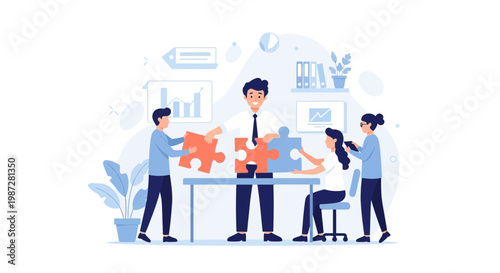 Teamwork and collaboration: people assembling puzzle pieces for business success