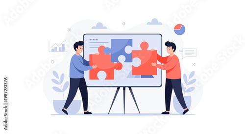 Teamwork and collaboration: people assembling puzzle pieces on a presentation board