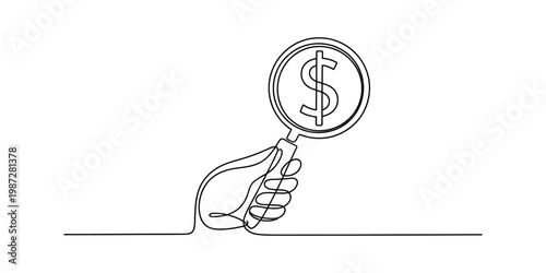 A single continuous line drawing of a human hand holding a magnifying glass over a dollar sign Vector, illustration