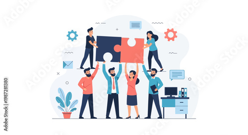 Teamwork and collaboration: people assembling puzzle pieces for business success