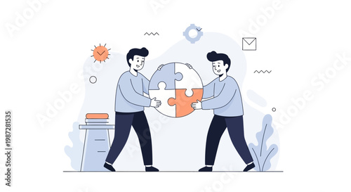 Teamwork and Collaboration: Two Men Assembling a Puzzle, Symbolizing Partnership and Solutions