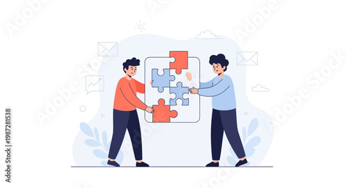 Teamwork and collaboration: two men assembling a puzzle, representing strategy and problem solving