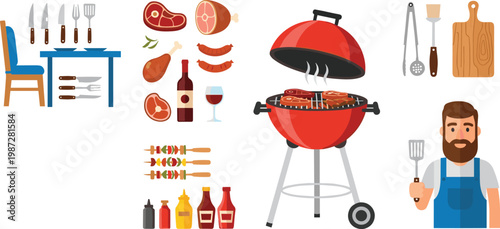 Barbecue Grill Cooking Set Illustration with BBQ Equipment, Meat, Skewers, Sauces, and Chef Character for Outdoor Party, Restaurant, and Food Design