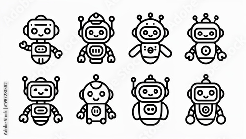 Cute Robot Character Outline Vector Icon Set – Friendly AI Robot Mascot Line Art Collection