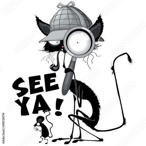 "SEE YA!" Text Quote Black Cat Humor Meme. Funny Cat and Mouse Characters Vector EPS illustration isolated.

