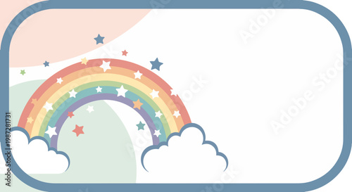 Pastel rainbow arch with fluffy white clouds and colorful stars, perfect for Pride Month. Whimsical background design supports Pride Month celebration, ideal for graphic template.