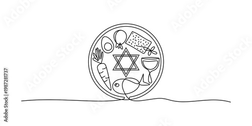 A single continuous line drawing of a traditional jewish passover seder plate with food items Vector, illustration