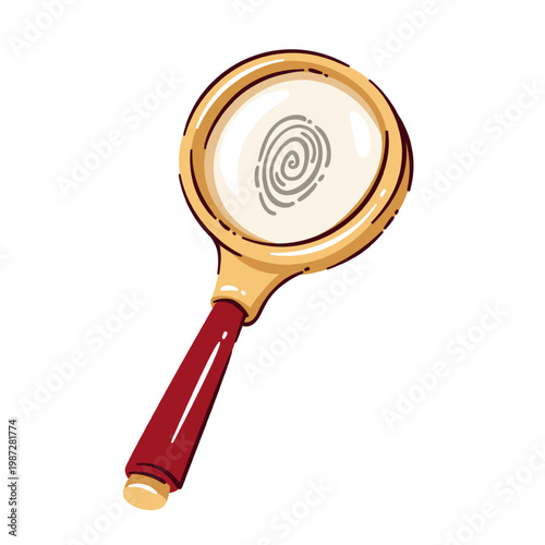 Magnifying glass with gold frame, red handle and fingerprint under lens. Detective clue and mafia board game role marker for cards, tokens and print, vector illustration.