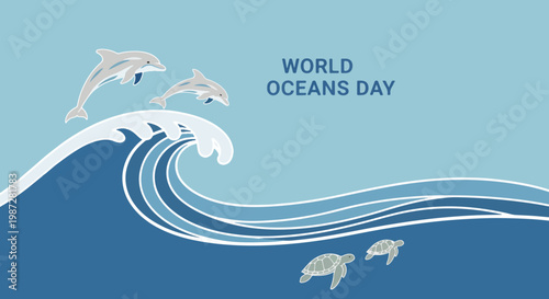Illustration for World Oceans Day showing dolphins jumping over ocean wave, with sea turtles swimming underwater. This vibrant World Oceans Day graphic highlights marine life and clean water.
