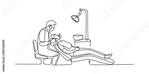 A single continuous line drawing of a dentist examining a patient in a dental chair clinic room Vector, illustration