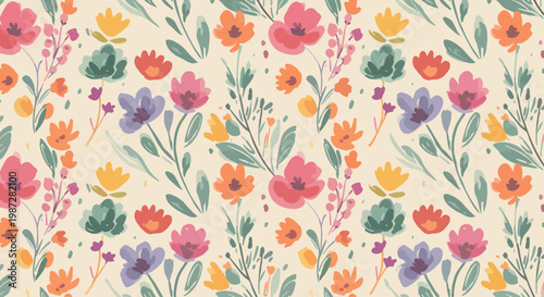 Organic floral pattern blending warm orange tones with cool blue highlights