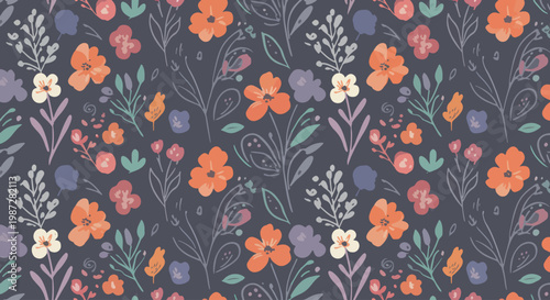 Calm botanical pattern featuring evenly spaced blossoms and elegant leaf forms