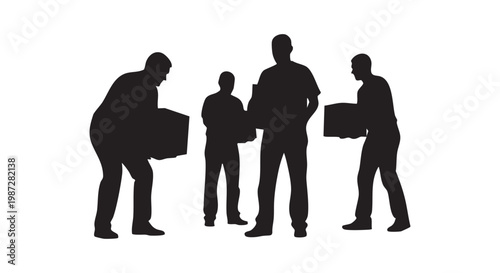 Group of workers carrying heavy cardboard boxes during relocation process isolated silhouette set on white background for.