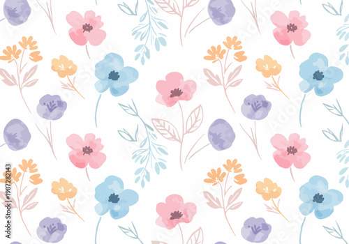 Stylized meadow flowers arranged in a repeating decorative surface pattern