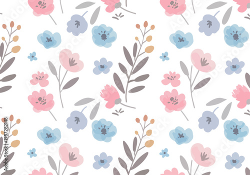Contemporary botanical print blending simple flower shapes with elegant color harmony