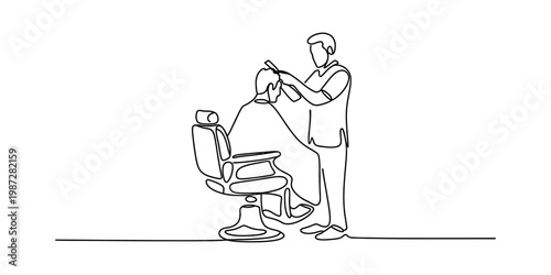 A continuous line drawing of a professional barber giving a haircut to a client in a salon chair Vector, illustration