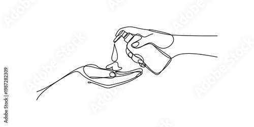 A single continuous line drawing of a person applying liquid soap onto their palm for sanitation Vector, illustration