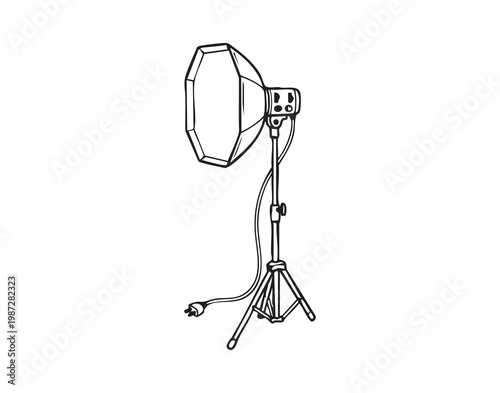 Studio octabox light on tripod, clean white background, adjustable boom arm, cable coiled at base, metal knobs and clamps, diffuser panel facing forward, professional strobe ready for product