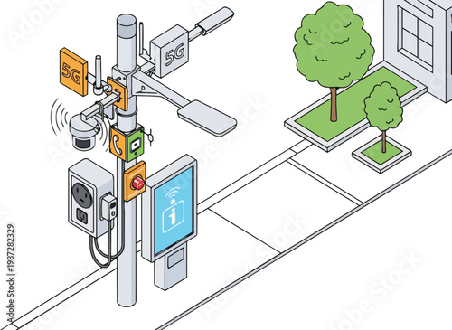 Smart City IoT Infrastructure Isometric Illustration: Multifunctional Street Pole with 5G, Surveillance Camera, EV Charging, and Wi-Fi Information Screen