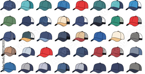Baseball cap vector icons set, 40 colorful trucker hats and snapback headwear illustrations, blank sports apparel templates for branding and merchandise