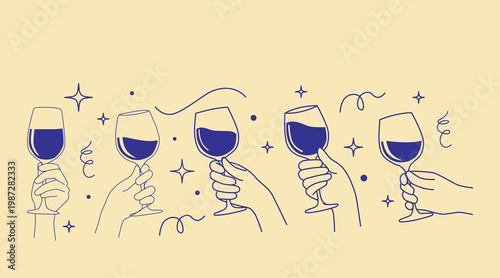 A celebratory scene with hands holding wine glasses and stars on a yellow background