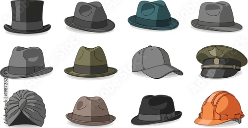 Vintage men's hat collection, set of 12 vector headwear icons including fedora, top hat, and hard hat, classic fashion accessories for men