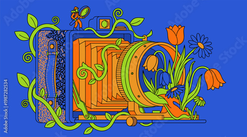 Retro Camera with Flower Garden and Tiny Explorer Pop Surrealism Flat Illustration with Bold Outlines