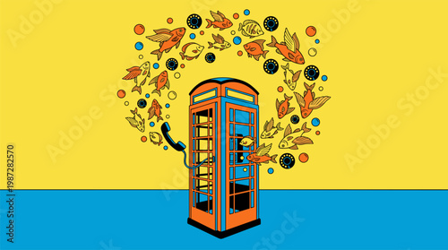 Vintage Telephone Booth in Ocean with Flying Tropical Fish, Pop Surrealism Flat Illustration with Bold Outlines
