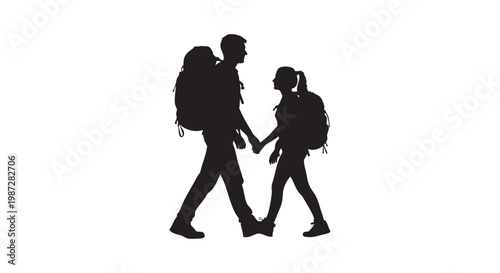 Hiking couple silhouette walking together with backpacks on adventure trip showing active lifestyle and outdoor journeying.