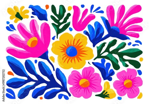 Colorful floral pattern with bright pink, yellow, and blue flowers and green leaves on white background. Decorative hand painted design for textile, wallpaper, and art projects.