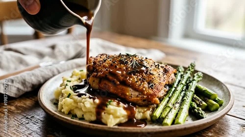 Rich brown gravy being poured over roasted chicken thigh mashed potatoes and asparagus on a rustic wooden table. Warm and inviting mood with natural lighting.