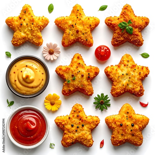 An overhead shot showcases star-shaped chicken nuggets, dips, and garnishes atop a white background, creating a playful food presentation