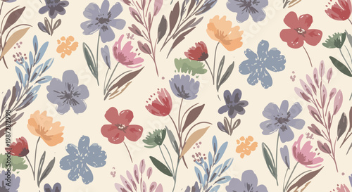 Stylized floral repeat with soft colors and simple organic forms