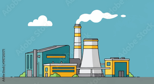Stylized Industrial Plant Illustration with Smoke and Clean Energy Concept.