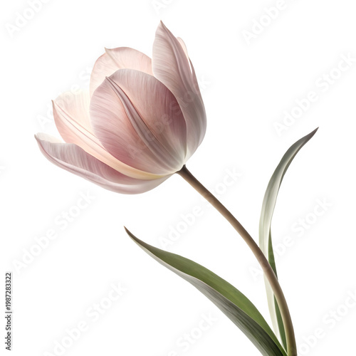 A beautiful pink tulip flower on transparent background with green leaves
