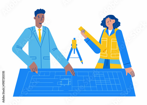 Architects collaborating over blueprints with surveying equipment nearby