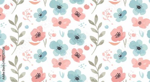 Stylized meadow flowers arranged in a repeating decorative surface pattern