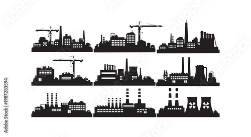 Industrial factory building silhouettes collection with chimneys cranes power plants and manufacturing facility structures.