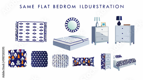 Flat bedroom illustration displaying furniture bedding and decorative elements