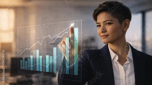 Businesswoman analyzing financial data on digital screen in modern office environment